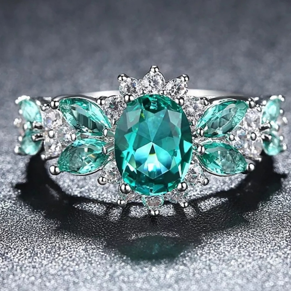 🎀925 Aquamarine Diamond Gemstone Floral Accent Ring